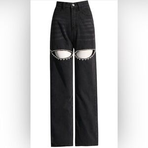Holiday NWT Black Pearl Rhinestone Cutout Wide Leg Denim Pants Small
